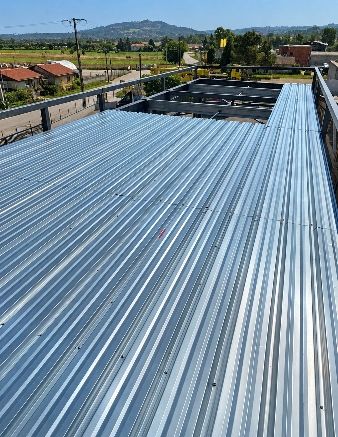 Pose du bac acier support d’étanchéité — chantier à Albon