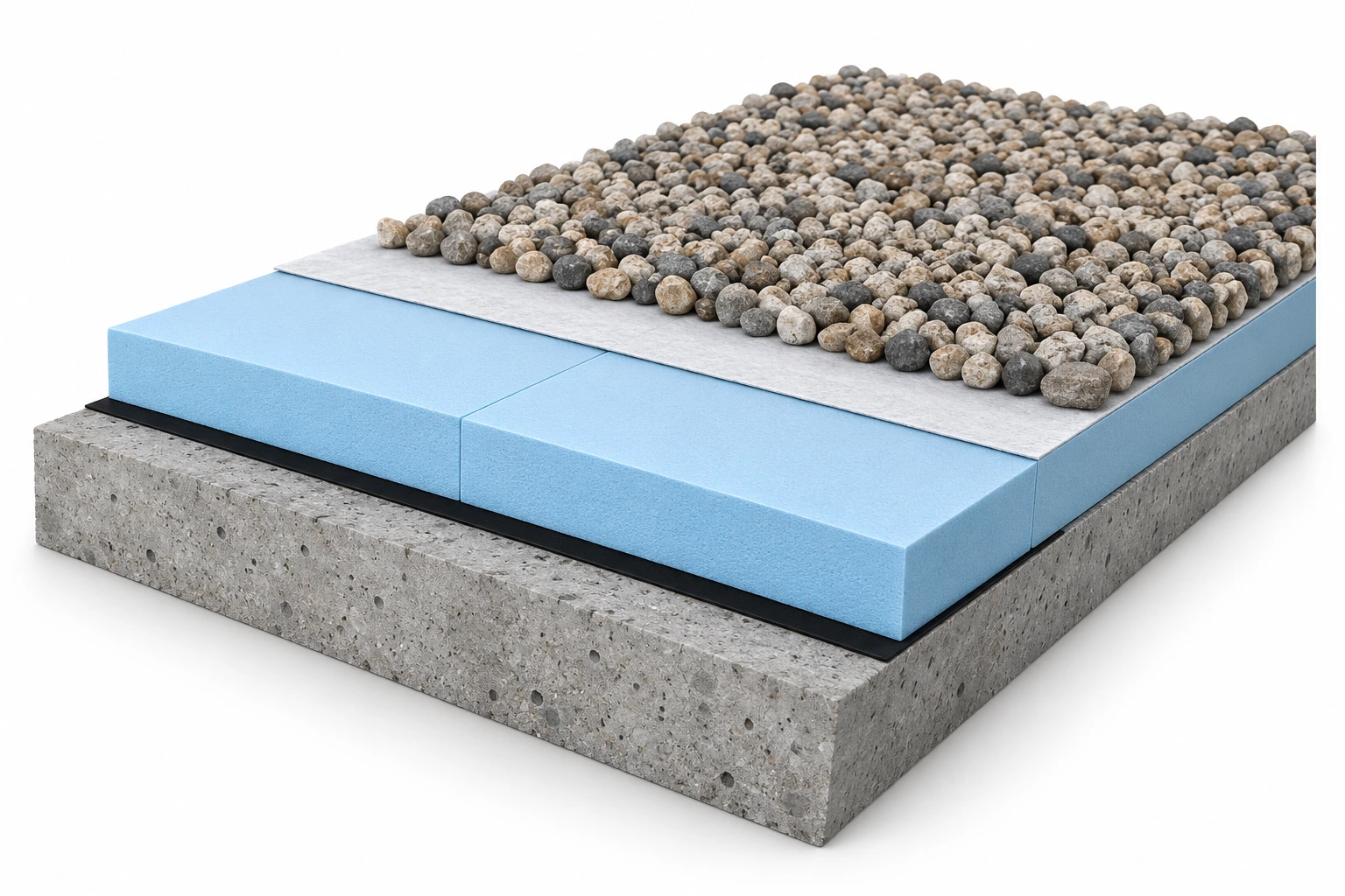Illustration 3D : support béton, étanchéité en dessous de l’isolant XPS et protection par gravillons au-dessus