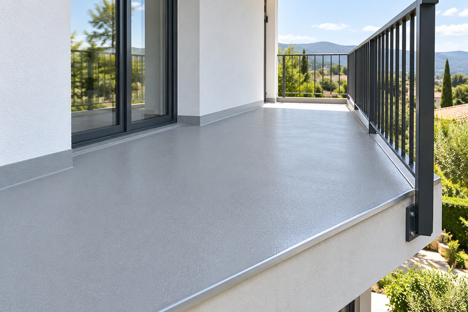 Balcon avec une finition en résine grise continue, un relevé contre le mur et une finition métallique en rive
