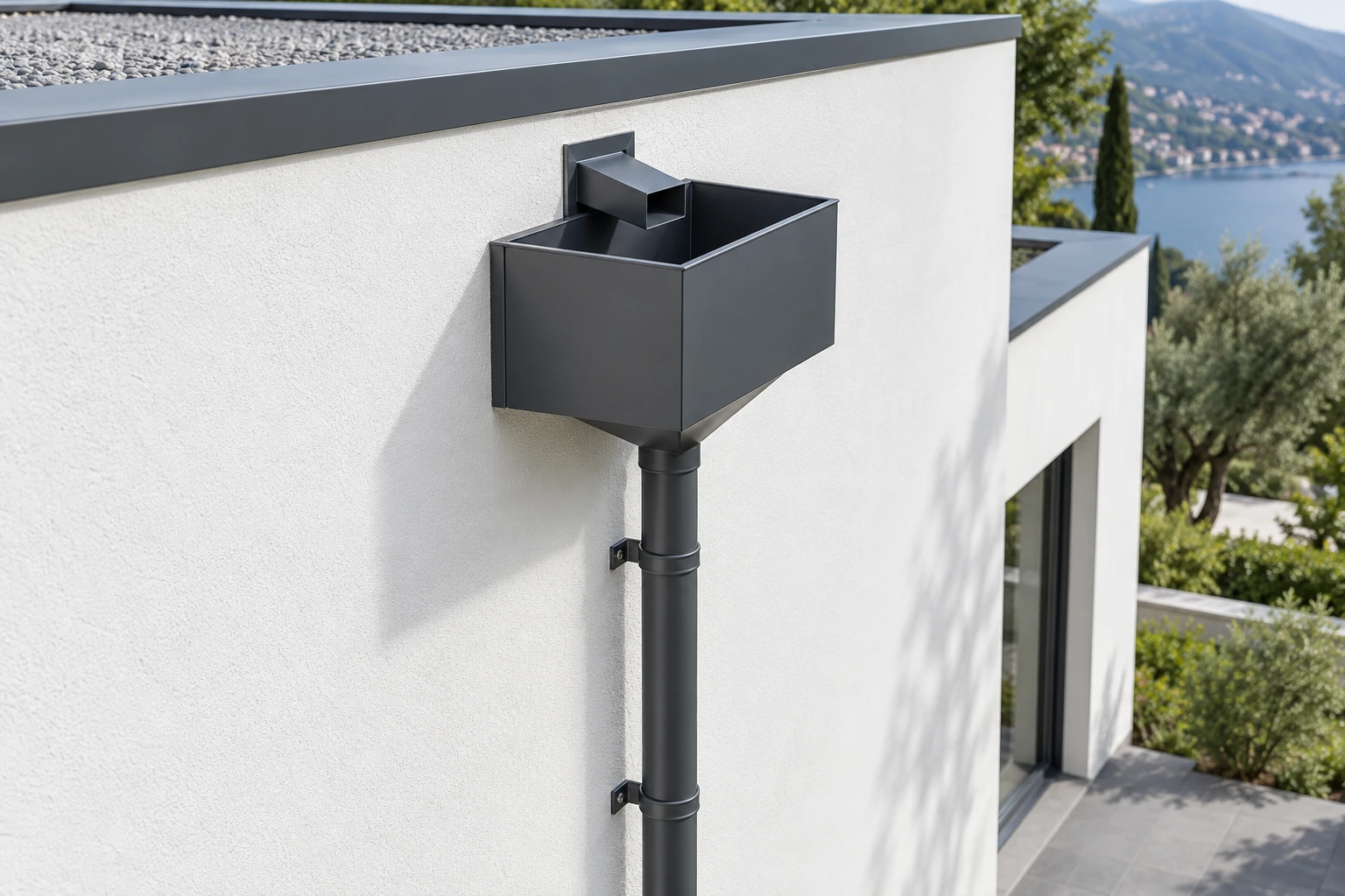 Boîte à eau anthracite recevant la sortie d’une toiture-terrasse et raccordée à une descente d’eaux pluviales fixée en façade