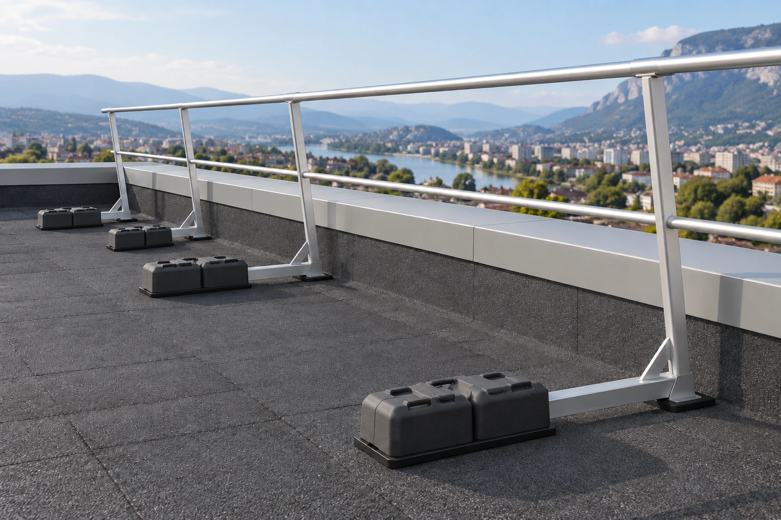 Garde-corps autoportant avec bras de support, plots de lestage et protections sous les appuis