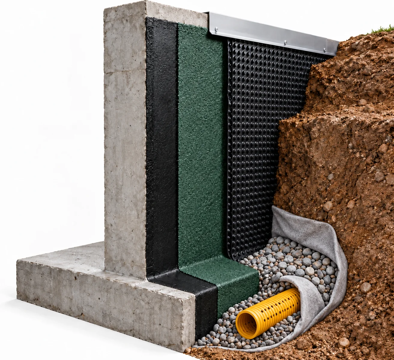 Illustration d’un mur enterré : EIF noir, étanchéité verte et une nappe de protection à excroissances