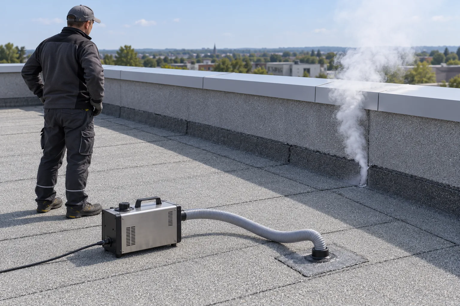 Recherche de fuite par fumigène sur une toiture-terrasse : la fumée injectée sous la membrane ressort à la jonction entre la partie courante et le relevé