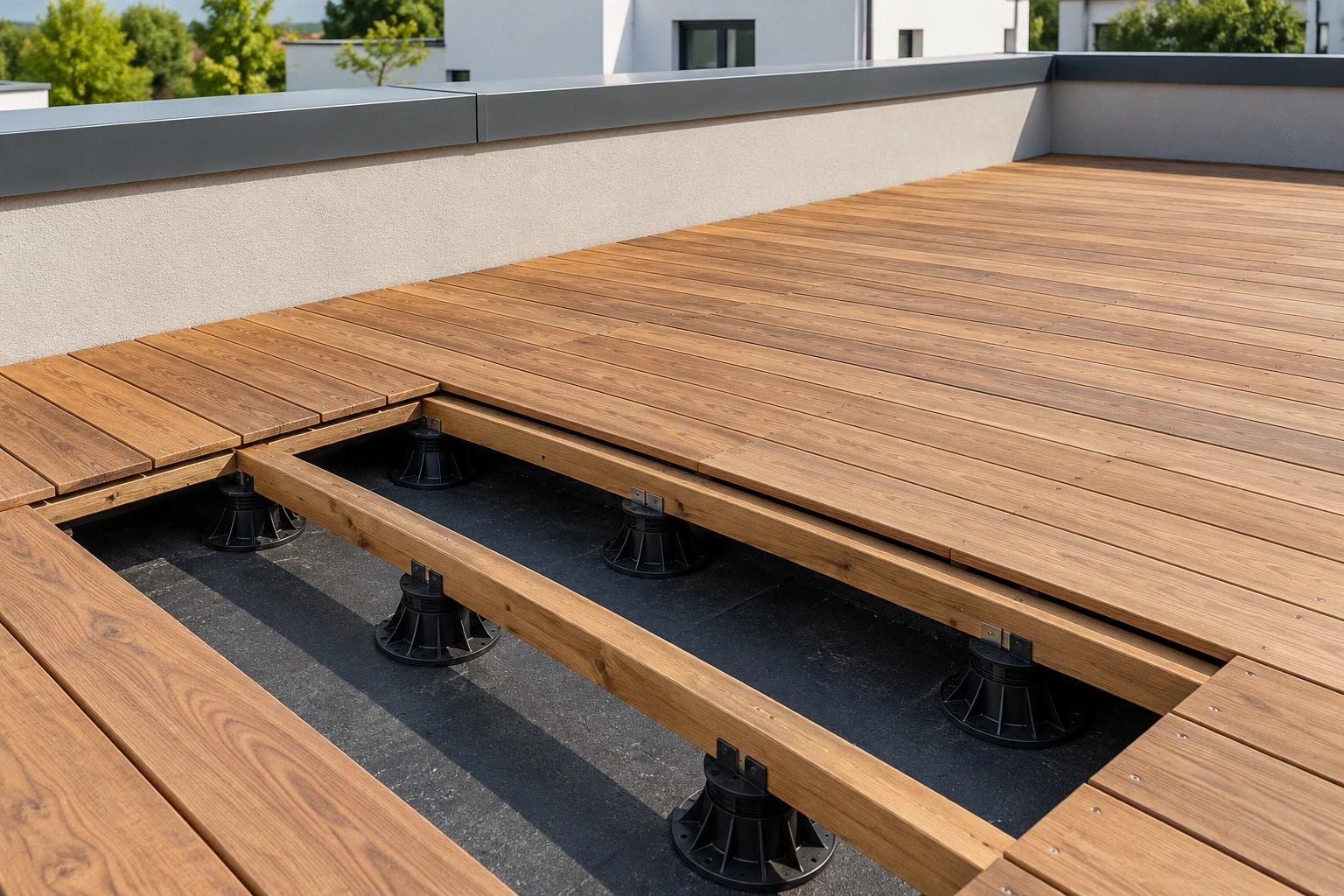 Terrasse en longues lames bois, avec une ouverture montrant les lambourdes portées par les plots au-dessus de l’étanchéité