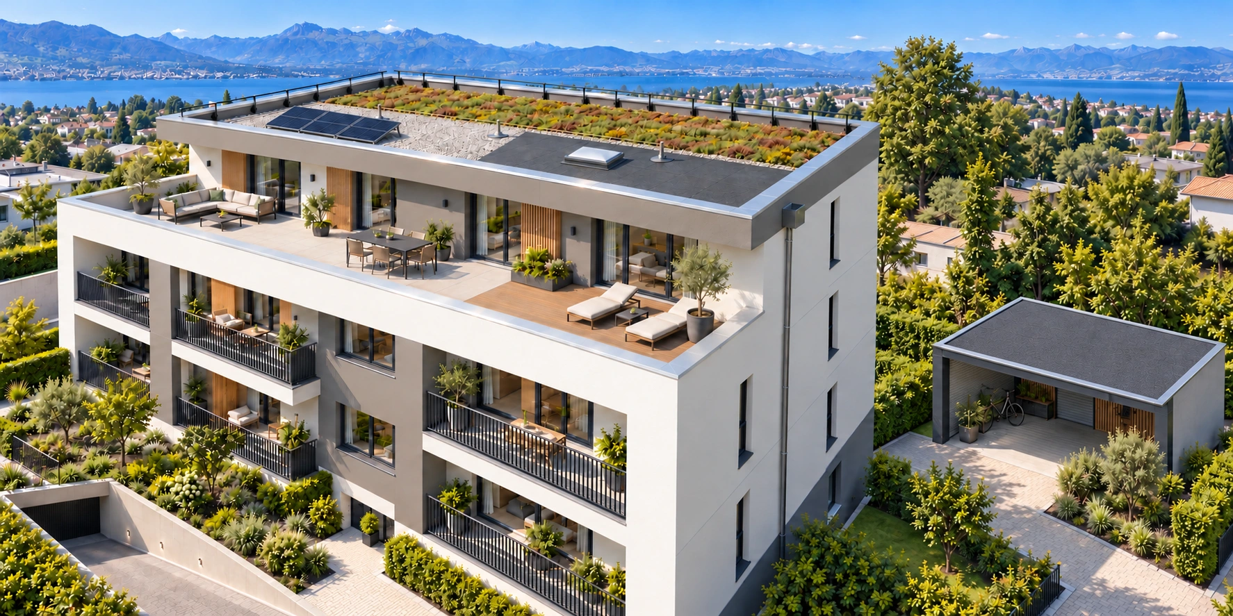 Immeuble en perspective : toiture partiellement végétalisée, ligne de vie, garde-corps, étanchéité visible, gravillons, supports photovoltaïques, lanterneau, terrasses, balcons et jardin au-dessus d’un parking, abri monopente sur bac acier
